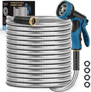 Garden Hose 50FT, Water Hose with 10 Function Nozzle, Garden Hose Metal with Leak-proof Connectors, Kink-Free & Ultra Flexible, Rust/Pet/Puncture Proof for Lawn, Yard, RV, Car Wash, 550PSI Garden Hose 50FT, Water Hose with 10 Function Nozzle, Garden Hose Metal with Leak-proof Connectors, Kink-Free & Ultra Flexible, Rust/Pet/Puncture Proof for Lawn, Yard, RV, Car Wash, 550PSI