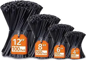 Zip Ties Assorted Sizes(4+6+8+12), 400 Pack, Black Cable Ties, UV Resistant Wire Ties Zip Ties Assorted Sizes(4+6+8+12), 400 Pack, Black Cable Ties, UV Resistant Wire Ties