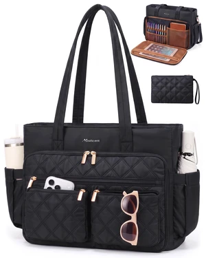 Teacher Tote Bag for Women, 15.6 Inch Laptop Bag with 40 oz Cup Holder | Water-resistant nylon work tote Computer Bag, 17 pockets, 12 pen slots, RFID-blocking pocket, cosmetic bag Teacher Tote Bag for Women, 15.6 Inch Laptop Bag with 40 oz Cup Holder | Water-resistant nylon work tote Computer Bag, 17 pockets, 12 pen slots, RFID-blocking pocket, cosmetic bag