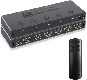 Enbuer 8K HDMI 2.1 Switch, HDMI 2.1 Switcher 5 in 1 Out Supports CEC 8K@60Hz, 4K@240Hz, 1080P@480Hz, HDCP 2.3 HDR 3D Dolby Atmos VRR Compatible with PS5 Xbox Blu-Ray Player with IR Remote Controller Enbuer 8K HDMI 2.1 Switch, HDMI 2.1 Switcher 5 in 1 Out Supports CEC 8K@60Hz, 4K@240Hz, 1080P@480Hz, HDCP 2.3 HDR 3D Dolby Atmos VRR Compatible with PS5 Xbox Blu-Ray Player with IR Remote Controller