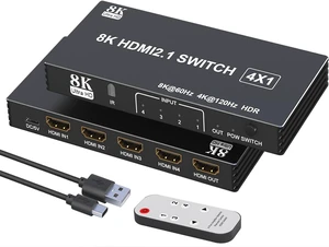 HDMI Switcher 4 in 1 Out - 4 Port 8K HDMI 2.1 Switch with Remote, Supports 8K@60Hz, 4K@120Hz, HDR10+, VRR, 3D, HDCP2.3 Compatible with PS5, Xbox, Fire Stick, Projector, Monitor HDMI Splitter HDMI Switcher 4 in 1 Out - 4 Port 8K HDMI 2.1 Switch with Remote, Supports 8K@60Hz, 4K@120Hz, HDR10+, VRR, 3D, HDCP2.3 Compatible with PS5, Xbox, Fire Stick, Projector, Monitor HDMI Splitter