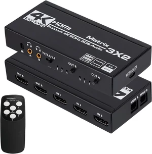 HDMI Matrix 3x2, 4K HDMI Matrix Switch 3 in 2 Out Switcher Splitter Box with EDID Extractor and IR Remote Control, Support Ultra 4K HDR, 4Kx2K@60Hz, 3D/1080PHDMI 2.0b, HDCP 2.2 HDMI Matrix 3x2, 4K HDMI Matrix Switch 3 in 2 Out Switcher Splitter Box with EDID Extractor and IR Remote Control, Support Ultra 4K HDR, 4Kx2K@60Hz, 3D/1080PHDMI 2.0b, HDCP 2.2