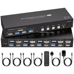 HDMI Displayport KVM Switch 4 Computers 2 Monitors 8K 60Hz 4K 120Hz 4 Port Dual Monitor KVM Switches for 4PC Share Four USB Device Support Copy and Extend Mode Includes Some Accessories HDMI Displayport KVM Switch 4 Computers 2 Monitors 8K 60Hz 4K 120Hz 4 Port Dual Monitor KVM Switches for 4PC Share Four USB Device Support Copy and Extend Mode Includes Some Accessories