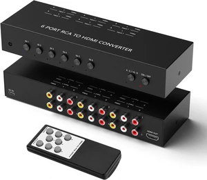 6Port AV to HDMI Converter RCA/Composite/CVBS Adapter Support 16:9/4:3 Switch for Wii/N64/PS1/PS2/PS3/VHS/VCR/DVD Players etc (6Port RCA in to 1 HDMI Converter with IR Remote) 6Port AV to HDMI Converter RCA/Composite/CVBS Adapter Support 16:9/4:3 Switch for Wii/N64/PS1/PS2/PS3/VHS/VCR/DVD Players etc (6Port RCA in to 1 HDMI Converter with IR Remote)