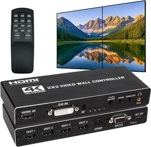2x2 4k Video Wall Controller, Transform 4 TV Screens into a Single Wall Display with HDMI & DVI 4K Input, 180° Rotation, Audio Output, IR Remote/RS232/Button Press Control 2x2 4k Video Wall Controller, Transform 4 TV Screens into a Single Wall Display with HDMI & DVI 4K Input, 180° Rotation, Audio Output, IR Remote/RS232/Button Press Control