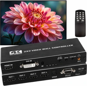 2X2 4K HDMI Video Wall Controller Processor, 8 Splicing Modes (1X2, 1X3, 1X4, 3X1, 4X1), RS232 Serial Control, 180° Rotation, 4 HDMI Outputs, for Control Room & Digital 2X2 4K HDMI Video Wall Controller Processor, 8 Splicing Modes (1X2, 1X3, 1X4, 3X1, 4X1), RS232 Serial Control, 180° Rotation, 4 HDMI Outputs, for Control Room & Digital