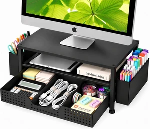 ECOLOVI Desk Organizer and Accessories, 2-Tier Computer Monitor Stand Rise with Storage Drawer & 2 Pen Holders, Laptop & Printer Stand for Desktop, Workspace Organizers for Office Supplies (Black) ECOLOVI Desk Organizer and Accessories, 2-Tier Computer Monitor Stand Rise with Storage Drawer & 2 Pen Holders, Laptop & Printer Stand for Desktop, Workspace Organizers for Office Supplies (Black)