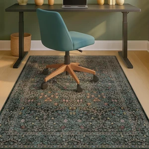 JTJ 48"x60" Office Chair Mat for Hardwood Floors, Dark Green Vintage Rug