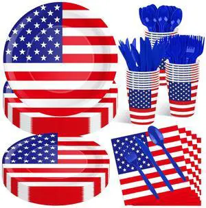 175 Pcs USA Flag Tableware Set - Serves 25, Patriotic American Flag Disposable Plates, Cups, Napkins, Forks, Spoons, Knives for 4th of July, Memorial Day, Veterans Day, Independence Day Party Supplies 175 Pcs USA Flag Tableware Set - Serves 25, Patriotic American Flag Disposable Plates, Cups, Napkins, Forks, Spoons, Knives for 4th of July, Memorial Day, Veterans Day, Independence Day Party Supplies