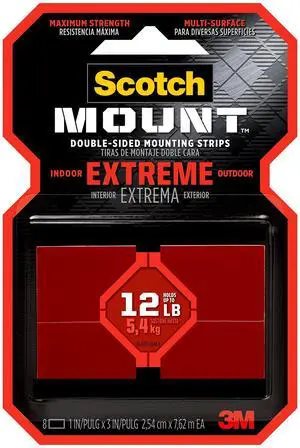 Scotch Extreme Mounting Strips, Double-Sided Heavy Duty Tape, 8 Strips, 1 in x 3 in, Use Instead of Nails or Screws, Works on Painted surfaces, Metals, Acrylic, Hard Plastics and More (414H-ST) Scotch Extreme Mounting Strips, Double-Sided Heavy Duty Tape, 8 Strips, 1 in x 3 in, Use Instead of Nails or Screws, Works on Painted surfaces, Metals, Acrylic, Hard Plastics and More (414H-ST)