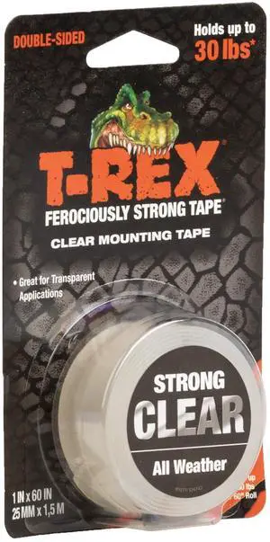 T-Rex Strong Hold Clear Double Sided Mounting Tape, Heavy Duty, All Weather Indoor and Outdoor Use, Clear, 1 in x 60 in, 1 Roll (285338) T-Rex Strong Hold Clear Double Sided Mounting Tape, Heavy Duty, All Weather Indoor and Outdoor Use, Clear, 1 in x 60 in, 1 Roll (285338)