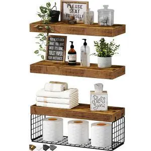 QEEIG Bathroom Shelves Over Toilet - Wall Mounted Floating Shelves Toilet Paper Storage Small Farmhouse Decor Shelf 16 inch Set of 3, Rustic Brown (019-BN3) QEEIG Bathroom Shelves Over Toilet - Wall Mounted Floating Shelves Toilet Paper Storage Small Farmhouse Decor Shelf 16 inch Set of 3, Rustic Brown (019-BN3)