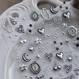 NBNTGH Silver Nail Art Stickers Heart Star Nail Decals with Metal Design 5D Embossed Self Adhesive Clock Nails Stickers Charms Supply for Women Manicure DIY Decorations NBNTGH Silver Nail Art Stickers Heart Star Nail Decals with Metal Design 5D Embossed Self Adhesive Clock Nails Stickers Charms Supply for Women Manicure DIY Decorations