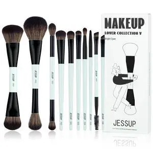 Jessup Makeup Brushes Set 10pcs, Double Sided Foundation Contour Blush Highlight Blending Eyebrow Brush Eyeshadow Eyeliner Concealer Brush, Bright Cyan Cruelty Free Cosmetic Tools T500 Jessup Makeup Brushes Set 10pcs, Double Sided Foundation Contour Blush Highlight Blending Eyebrow Brush Eyeshadow Eyeliner Concealer Brush, Bright Cyan Cruelty Free Cosmetic Tools T500