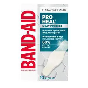 BAND-AID Brand Pro Heal 5 Day Protect, Ultra-Thin Hydrocolloid for Advanced Healing, 100% Waterproof First Aid Adhesive Bandages Provide Less Scarring Than Uncovered Wound, One Size, 10 Count BAND-AID Brand Pro Heal 5 Day Protect, Ultra-Thin Hydrocolloid for Advanced Healing, 100% Waterproof First Aid Adhesive Bandages Provide Less Scarring Than Uncovered Wound, One Size, 10 Count
