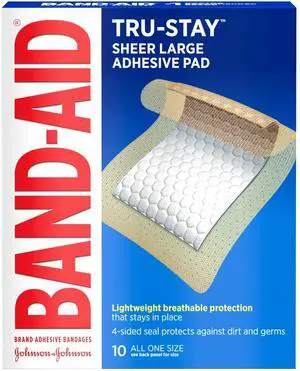 Band-Aid, Brand Tru-Stay Adhesive Pads, Large Sterile Sheer Bandages for First Aid and Wound Care, Large Pad Covers and Protects Minor Cuts, Scrapes and Burns, Lightweight, Large Size, 10 Count Band-Aid, Brand Tru-Stay Adhesive Pads, Large Sterile Sheer Bandages for First Aid and Wound Care, Large Pad Covers and Protects Minor Cuts, Scrapes and Burns, Lightweight, Large Size, 10 Count