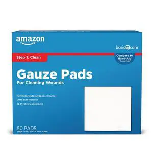 Amazon Basic Care Gauze Pads, 3x3 inches Sterile Medical Wound Dressing Sponges, 12-Ply, Ultra Soft, Extra Absorbent, 50 Count, 1-Pack (Previously All Health) Amazon Basic Care Gauze Pads, 3x3 inches Sterile Medical Wound Dressing Sponges, 12-Ply, Ultra Soft, Extra Absorbent, 50 Count, 1-Pack (Previously All Health)