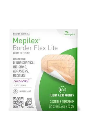 Mepilex Border Flex Lite 3 x 3 in (7.5x7.5 cm) Hospital Grade Dressings for Minor Surgical Incisions, Abrasions and Blisters for Up to Several Day Use Mepilex Border Flex Lite 3 x 3 in (7.5x7.5 cm) Hospital Grade Dressings for Minor Surgical Incisions, Abrasions and Blisters for Up to Several Day Use