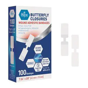 MED PRIDE Butterfly Wound Closure Strips Pack of 100 Sterile Nonstick Hypoallergenic Latex Free Bandages for Cuts and Injuries (Medium) MED PRIDE Butterfly Wound Closure Strips Pack of 100 Sterile Nonstick Hypoallergenic Latex Free Bandages for Cuts and Injuries (Medium)