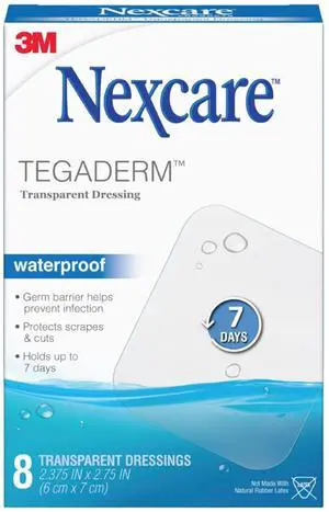Nexcare Tegaderm Waterproof Transparent Dressing, Dirtproof, Germproof, Provides Protection To Minor Burns, Scrapes, Cuts, Blisters And Abrasions, 2.375 x 2.75 in, 8 Count Nexcare Tegaderm Waterproof Transparent Dressing, Dirtproof, Germproof, Provides Protection To Minor Burns, Scrapes, Cuts, Blisters And Abrasions, 2.375 x 2.75 in, 8 Count