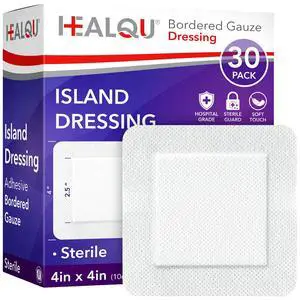 HEALQU Island Dressing - 4"x4", 30 Count - Bordered Gauze Sterile Individually Wrapped Gauze Pads, Water-Resistant, Non-Woven Backing - Soft and Breathable Wound Dressing for First Aid and Medical HEALQU Island Dressing - 4"x4", 30 Count - Bordered Gauze Sterile Individually Wrapped Gauze Pads, Water-Resistant, Non-Woven Backing - Soft and Breathable Wound Dressing for First Aid and Medical