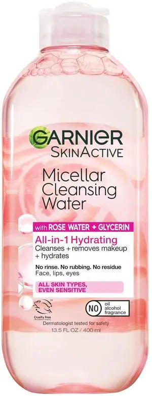 Garnier Micellar Water with Rose Water and Glycerin, Hydrating Facial Cleanser & Makeup Remover, For All Skin Types, Vegan, Cruelty Free, 13.5 Fl Oz (400mL), 1 Count Garnier Micellar Water with Rose Water and Glycerin, Hydrating Facial Cleanser & Makeup Remover, For All Skin Types, Vegan, Cruelty Free, 13.5 Fl Oz (400mL), 1 Count