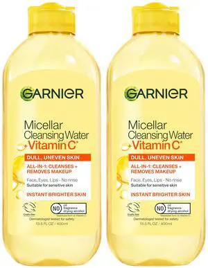 Garnier Micellar Water with Vitamin C, Facial Cleanser & Makeup Remover, Brightening & Hydrating, For All Skin Types, Vegan, Cruelty Free, 13.5 Fl Oz (400mL), 2 Count Garnier Micellar Water with Vitamin C, Facial Cleanser & Makeup Remover, Brightening & Hydrating, For All Skin Types, Vegan, Cruelty Free, 13.5 Fl Oz (400mL), 2 Count