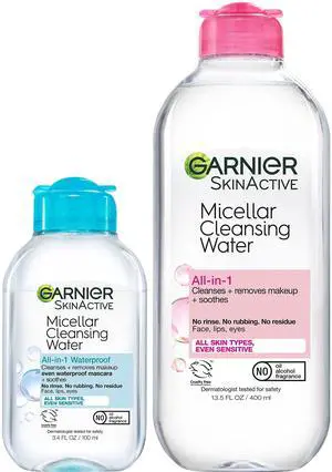 Garnier Micellar Cleansing Water, For All Skin Types, 13.5 fl oz + Micellar Cleansing Water, For Waterproof Makeup, 3.4 fl oz Garnier Micellar Cleansing Water, For All Skin Types, 13.5 fl oz + Micellar Cleansing Water, For Waterproof Makeup, 3.4 fl oz