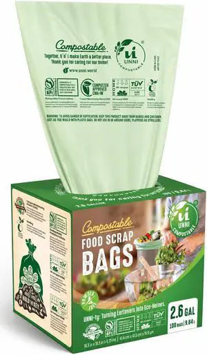 UNNI Compostable Trash Bags, 2.6 Gallon / 9.84 Liter, 100 Count, Extra Thick 0.71 Mil Small Kitchen Food Scrap Bin Liners, Certified by BPI, CMA & OK compost HOME, Meets the ASTM D6400 Standard UNNI Compostable Trash Bags, 2.6 Gallon / 9.84 Liter, 100 Count, Extra Thick 0.71 Mil Small Kitchen Food Scrap Bin Liners, Certified by BPI, CMA & OK compost HOME, Meets the ASTM D6400 Standard