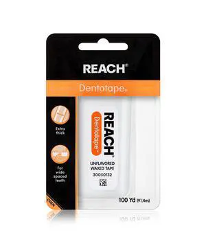 REACH Dentotape Waxed Dental Floss Tape, Unflavored, Extra Wide Floss, Shred & Frey Resistant, Plaque Remover for Teeth, Easy on Gums & Teeth, Oral Care, PFAS Free, for Adults & Kids, 1 Pack, 100 yd REACH Dentotape Waxed Dental Floss Tape, Unflavored, Extra Wide Floss, Shred & Frey Resistant, Plaque Remover for Teeth, Easy on Gums & Teeth, Oral Care, PFAS Free, for Adults & Kids, 1 Pack, 100 yd