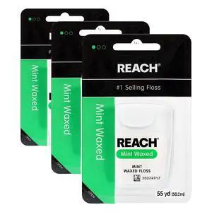 REACH Waxed Dental Floss, Mint, Plaque Remover for Teeth, Shred Resistant, Floss Slides Smoothly, Easy to Use, Waxed, Deep Cleaning Teeth, Oral Care, PFAS Free, for Adults & Kids, 55 yd,(Pack of 3) REACH Waxed Dental Floss, Mint, Plaque Remover for Teeth, Shred Resistant, Floss Slides Smoothly, Easy to Use, Waxed, Deep Cleaning Teeth, Oral Care, PFAS Free, for Adults & Kids, 55 yd,(Pack of 3)