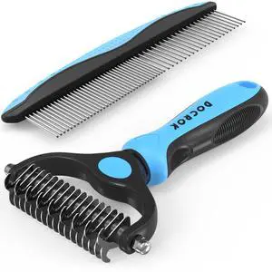 Docrok Pet Grooming Combo - Blue Deshedding Brush with Metal Comb for Detangling and Dematting Long, Matted Fur on Cats and Dogs Docrok Pet Grooming Combo - Blue Deshedding Brush with Metal Comb for Detangling and Dematting Long, Matted Fur on Cats and Dogs