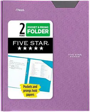 Five Star 2-Pocket Folder, Plastic Folder with Stay-Put Tabs and Prong Fasteners, Holds 8-1/2" x 11" Paper, Amethyst Purple (38750) Five Star 2-Pocket Folder, Plastic Folder with Stay-Put Tabs and Prong Fasteners, Holds 8-1/2" x 11" Paper, Amethyst Purple (38750)