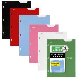 Five Star 4-Pocket Folder, 6 Pack, Paper Folder, Fits 3-Ring Binders, Holds 8-1/2" x 11" Paper, Assorted Colors (38058) Five Star 4-Pocket Folder, 6 Pack, Paper Folder, Fits 3-Ring Binders, Holds 8-1/2" x 11" Paper, Assorted Colors (38058)