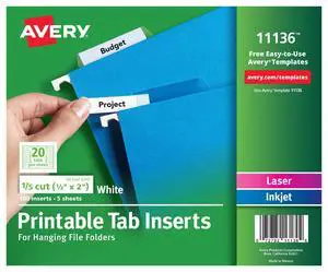 Avery Printable Tab Inserts for Hanging File Folders, 1/2" x 2", 1/5 Cut, White, 100 Index Tab Inserts (11136) Avery Printable Tab Inserts for Hanging File Folders, 1/2" x 2", 1/5 Cut, White, 100 Index Tab Inserts (11136)