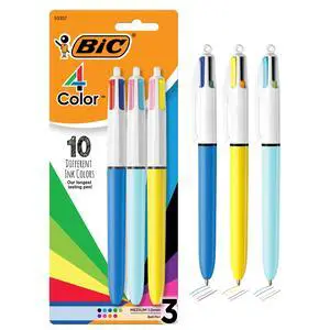 BIC 4-Color Retractable Ballpoint Pen, Long-Lasting Ink and Comfortable Wide Barrel, 3-Count Pack in Assorted Ink BIC 4-Color Retractable Ballpoint Pen, Long-Lasting Ink and Comfortable Wide Barrel, 3-Count Pack in Assorted Ink