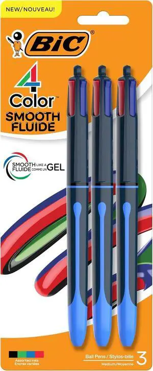 BIC 4 Color Smooth Retractable Ballpoint Pen, 1.0 mm Point for Smooth Ink Flow, 3-Count Pack in Assorted Ink Colors BIC 4 Color Smooth Retractable Ballpoint Pen, 1.0 mm Point for Smooth Ink Flow, 3-Count Pack in Assorted Ink Colors