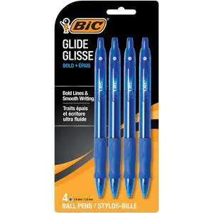 BIC Glide Bold Blue Ballpoint Pens, Bold Point (1.6mm), 4-Count Pack, Retractable Ballpoint Pens With Comfortable Full Grip BIC Glide Bold Blue Ballpoint Pens, Bold Point (1.6mm), 4-Count Pack, Retractable Ballpoint Pens With Comfortable Full Grip