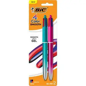 BIC 4 Color Smooth Gradient Retractable Ballpoint Pen, 1.0 mm Medium Point, 2-Count in Assorted Ink BIC 4 Color Smooth Gradient Retractable Ballpoint Pen, 1.0 mm Medium Point, 2-Count in Assorted Ink