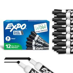 EXPO Dry Erase Markers, Low Odor Ink, Black, Chisel Tip, 12 Count - Whiteboard, Calendar, Organization, Essential Supplies for Office, School, Classroom, Teachers EXPO Dry Erase Markers, Low Odor Ink, Black, Chisel Tip, 12 Count - Whiteboard, Calendar, Organization, Essential Supplies for Office, School, Classroom, Teachers