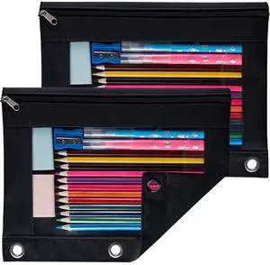 Sooez Pencil Pouch for 3 Ring Binder, 2 Pack Binder Pencil Pouch with Clear Window Pencil Bags with Zipper & Reinforced Grommets, Pencil Case for Binder Black & Black Sooez Pencil Pouch for 3 Ring Binder, 2 Pack Binder Pencil Pouch with Clear Window Pencil Bags with Zipper & Reinforced Grommets, Pencil Case for Binder Black & Black