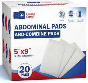 GauzeCare Sterile Abdominal Pads 5x9 inch 20-Pack | Extra Absorbent & Thick, Individually Packed Combine Pads with Non-Stick Outer Layer for Heavy Bleeding Wounds | Perfect for First Aid Kits (IFAKs) GauzeCare Sterile Abdominal Pads 5x9 inch 20-Pack | Extra Absorbent & Thick, Individually Packed Combine Pads with Non-Stick Outer Layer for Heavy Bleeding Wounds | Perfect for First Aid Kits (IFAKs)