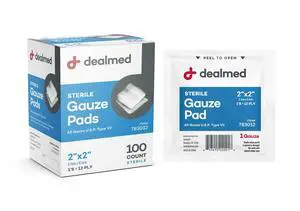 Dealmed 2 x 2 Sterile Gauze Pads (100 Count) Disposable and Individually Wrapped Medical Gauze Pads, Wound Care Product for First Aid Kit and Medical Facilities (Pack of 1) Dealmed 2 x 2 Sterile Gauze Pads (100 Count) Disposable and Individually Wrapped Medical Gauze Pads, Wound Care Product for First Aid Kit and Medical Facilities (Pack of 1)