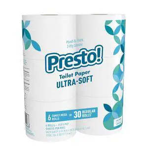 Amazon Brand - Presto! 2-Ply Ultra-Soft Toilet Paper, 6 Family Mega Rolls = 30 regular rolls, 1878 Count (6 roll of 313 sheets), Unscented, White Amazon Brand - Presto! 2-Ply Ultra-Soft Toilet Paper, 6 Family Mega Rolls = 30 regular rolls, 1878 Count (6 roll of 313 sheets), Unscented, White