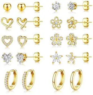Small Gold Stud Earrings Set for Women - 14K Gold Plated CZ Huggie Hoops Hypoallergenic Earrings Dainty Flower Heart Stud Earring for Jewelry Gift Small Gold Stud Earrings Set for Women - 14K Gold Plated CZ Huggie Hoops Hypoallergenic Earrings Dainty Flower Heart Stud Earring for Jewelry Gift