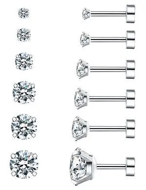 6 Pairs Hypoallergenic Cubic Zirconia Earrings Surgical Steel Flat Back Studs for Cartilage, Screw Back Fashion Jewelry 6 Pairs Hypoallergenic Cubic Zirconia Earrings Surgical Steel Flat Back Studs for Cartilage, Screw Back Fashion Jewelry