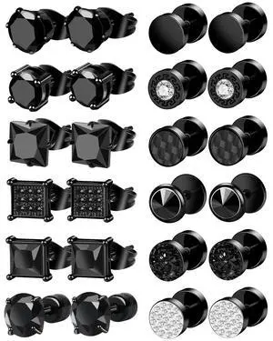 ONESING 12 Pairs Black Earrings for Men Stainless Steel Mens Earrings Stud Hypoallergenic Square Cubic Zirconia Stud Earrings Set for Multiple Piercing ONESING 12 Pairs Black Earrings for Men Stainless Steel Mens Earrings Stud Hypoallergenic Square Cubic Zirconia Stud Earrings Set for Multiple Piercing