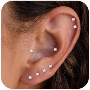 ORAZIO 6 Pairs Tiny 2mm Stainless Steel Stud Earrings For Mens Womens CZ Round Ball Cartilage Earrings Set,Silver Tone ORAZIO 6 Pairs Tiny 2mm Stainless Steel Stud Earrings For Mens Womens CZ Round Ball Cartilage Earrings Set,Silver Tone
