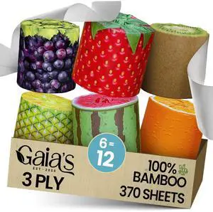 Gaias Premium and Soft FruiTP Organic Bamboo Toilet Paper | 6 Mega Rolls, 3 Ply, 370 Sheets | FSC Certified, PFAS & BPA Free, Eco-Friendly, Sustainable Tissue - Plastic Free Packaging, Septic Safe Gaias Premium and Soft FruiTP Organic Bamboo Toilet Paper | 6 Mega Rolls, 3 Ply, 370 Sheets | FSC Certified, PFAS & BPA Free, Eco-Friendly, Sustainable Tissue - Plastic Free Packaging, Septic Safe