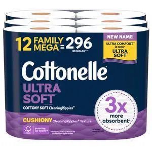 Cottonelle Ultra Soft Toilet Paper with Cushiony CleaningRipples Texture, 12 Family Mega Rolls = 54 Regular Rolls Cottonelle Ultra Soft Toilet Paper with Cushiony CleaningRipples Texture, 12 Family Mega Rolls = 54 Regular Rolls